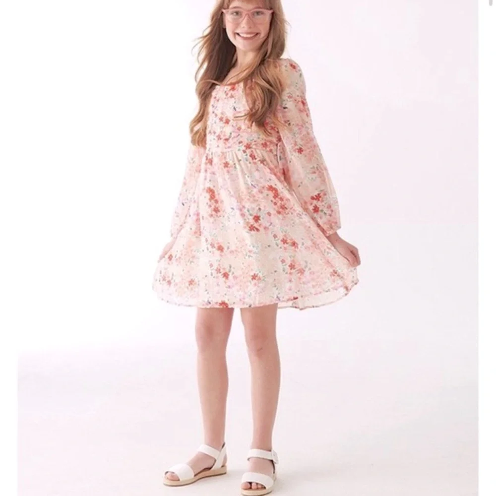 Poppies and Roses Long-Sleeve Ruched Bodice Floral Printed Knit Shift Dress - Picture 1 of 15